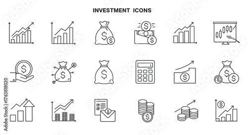 Simple linear investment icons for financial growth and analysis