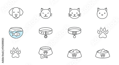 Simple line icons of pets and accessories: cats, dogs, bowls, and more