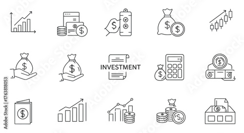 Finance and investment icons: linear style money and growth symbols