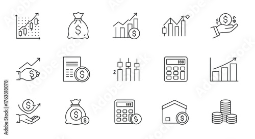 Financial icons set with money, charts, calculator, and currency symbols in linear style