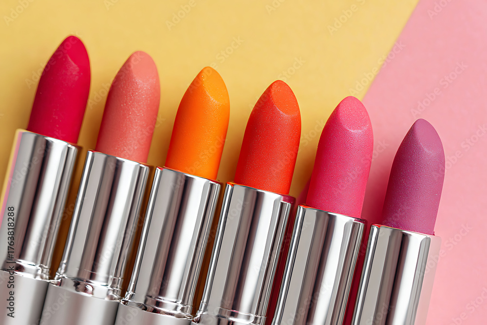 Obraz premium Vibrant lipstick collection shades, perfect for beauty blogging, makeup tutorials, and cosmetic advertising campaigns, offering diverse color palette