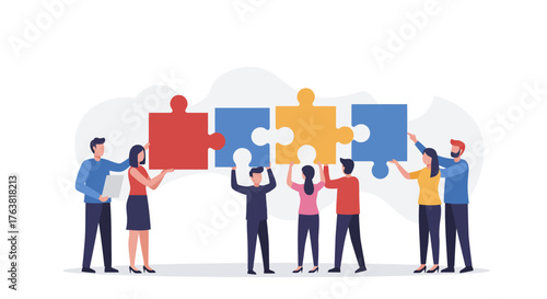 Teamwork collaboration concept with people holding puzzle pieces in a flat design