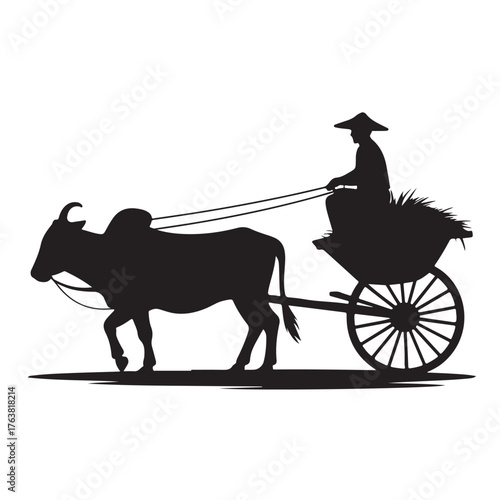 Silhouette of a farmer riding a bullock cart loaded with rice stalks isolated on white background vector illustration
