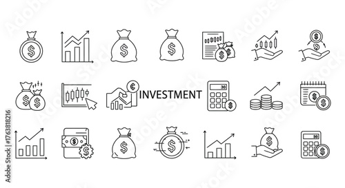 Investment and finance icons with graphs and money bags in linear style