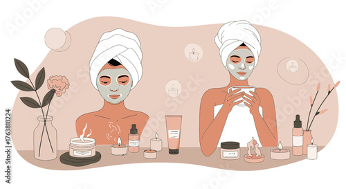 Relaxing skincare routine with face masks and candles
