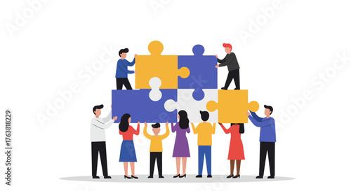 Diverse team collaborating to build a colorful puzzle together