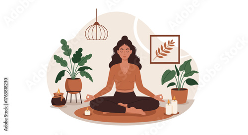 Peaceful meditation at home with candles and plants in a cozy minimalistic setup