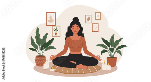 Peaceful meditation in cozy home setting with plants and candles