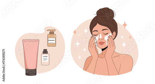 Skincare routine: woman with cosmetic products in minimalist style