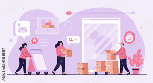 Teamwork unloading boxes in modern flat design with digital communication elements