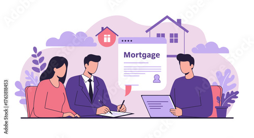 Mortgage agreement: modern flat design with businesspeople and real estate elements