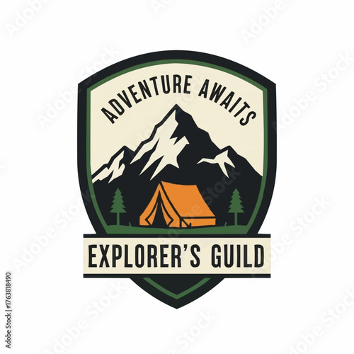 Adventure Awaits Explorers Guild Mountain Camping Emblem.