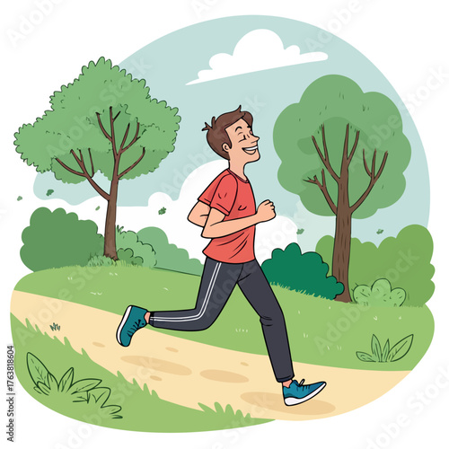 Young boy, child, or kid running in a park with a dog, family, or on a tree in a cartoon illustration vector setting under the sky on grass for fun and exercise in nature during summer