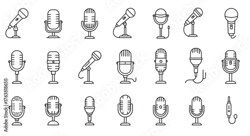 Collection of minimalist microphone icons in linear style for audio and music designs