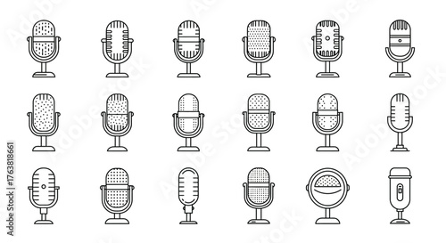 Vintage microphone collection in linear style for music and podcast design