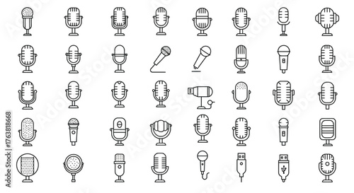 Set of vintage and modern line art microphone icons in various styles