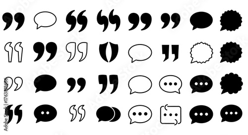 Diverse speech bubble and quotation mark set in flat black and white design