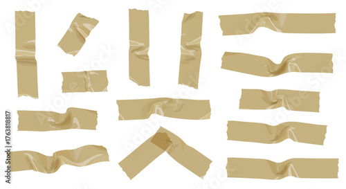 Realistic set of wrinkled brown tape pieces on white background
