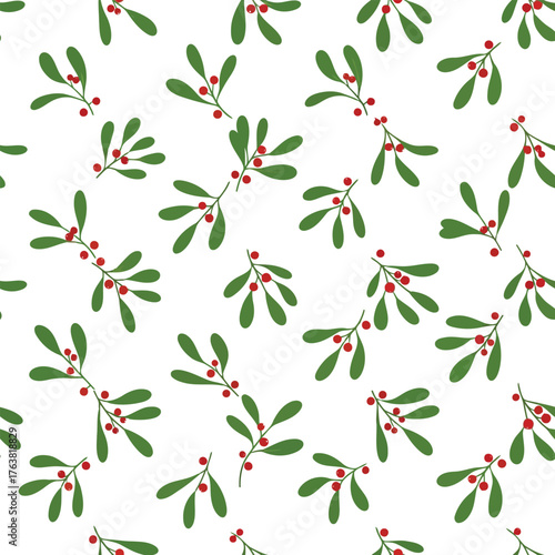 Seamless mistletoe pattern festive holiday greenery red berries decorative winter christmas background vector