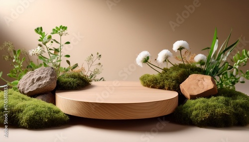 natural cosmetic display with a wood podium flowers moss and stone on a beige empty showcase creating a serene and earthy backdrop for beauty products or branding