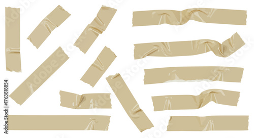 Set of beige torn adhesive tape strips on white background