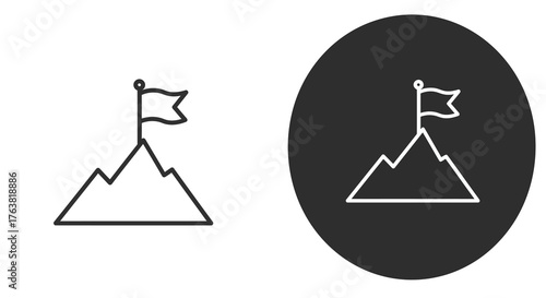 Mountain peak with flag minimal icon in black and white linear design