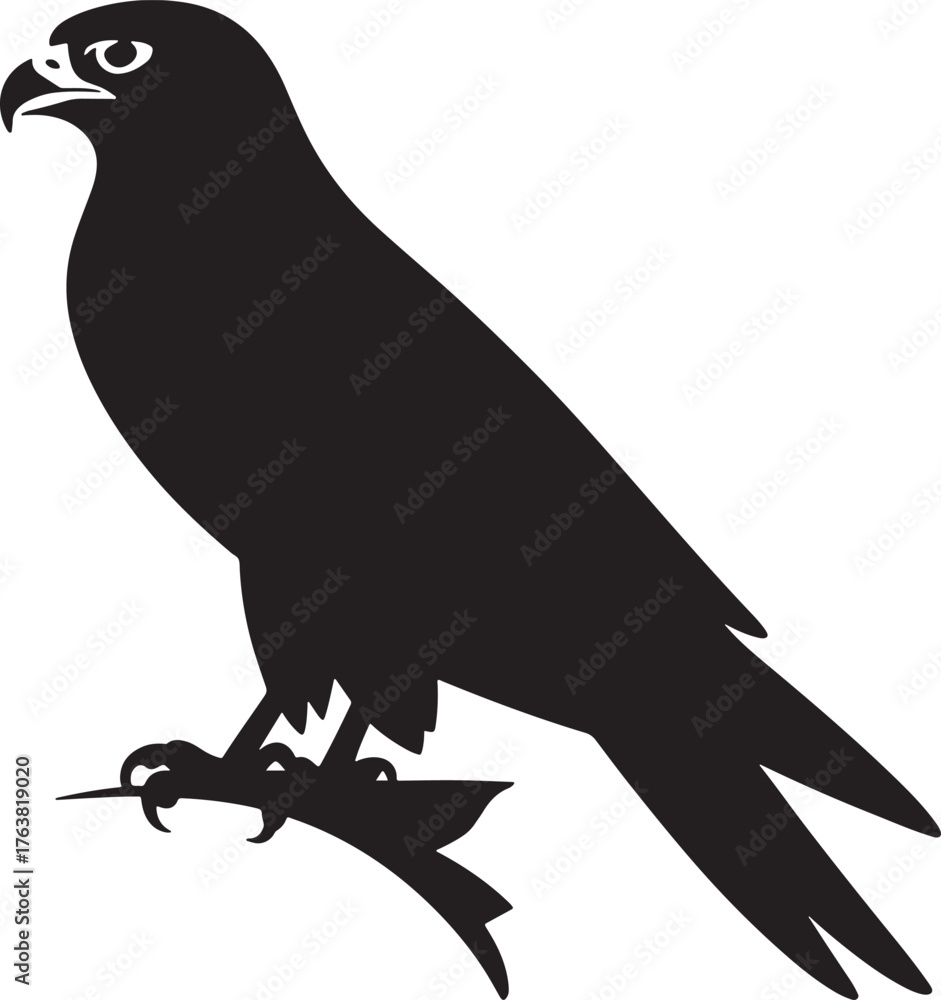 Fototapeta premium Striking Black Silhouette of a Majestic Falcon Perched on a Branch Against a White Backdrop Ideal for Graphic Design and Branding