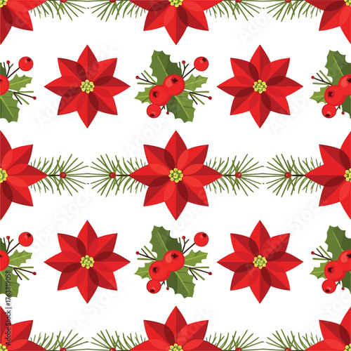 Seamless holiday poinsettia and pine needle pattern festive christmas decoration floral design vector