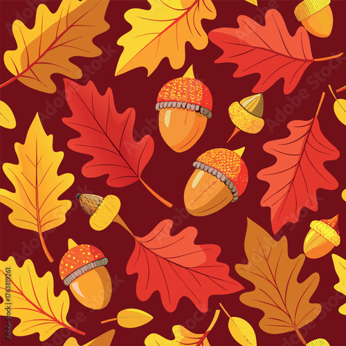 Autumn pattern with colorful leaves and acorns on a warm background