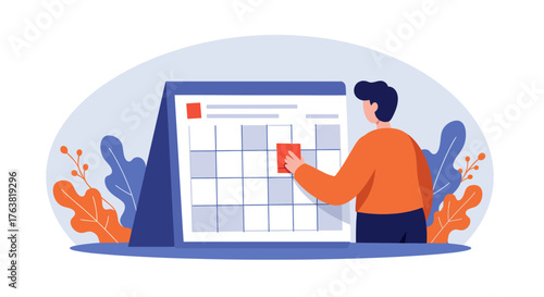 Person arranging calendar schedule: flat design concept with autumn elements