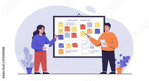 Team collaboration and planning with sticky notes on abstract  board