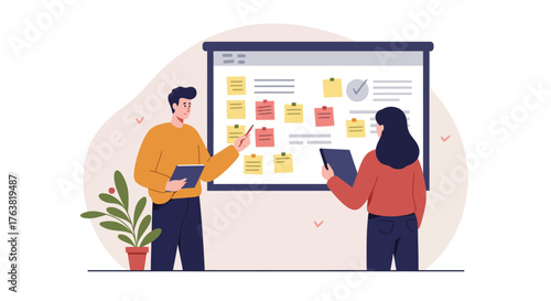 Team collaboration scene with digital project planning and brainstorming