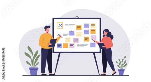 Collaborative team analyzing ideas on project board with notes and charts in modern office setting
