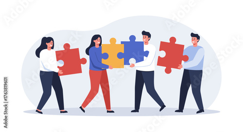 Diverse team collaborating to connect colorful puzzle pieces for successful project teamwork