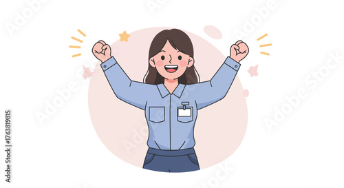 Cheerful woman celebrating success with raised hands in cartoon style