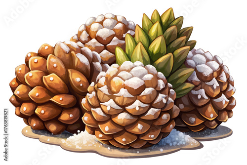 Natural pine cones with snow dust on white background, perfect for Christmas decoration
