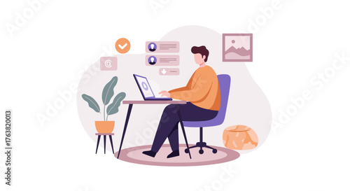 Remote work scene featuring male freelancer at desk with laptop in modern flat design