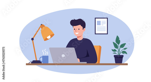 Smiling man working on laptop at home desk with lamp and plant in modern flat design