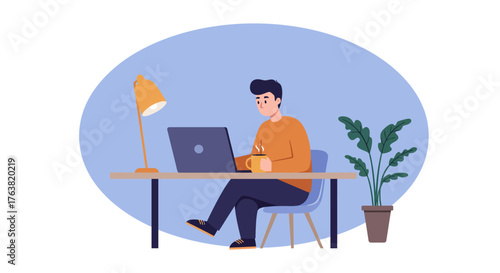 Man working at home desk with laptop and coffee in minimalist workspace