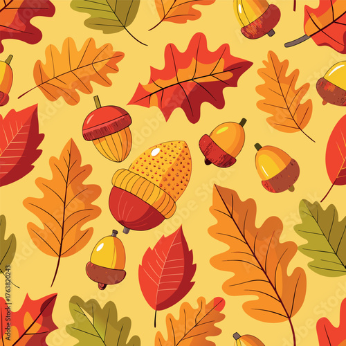Autumn pattern with colorful leaves and acorns on a warm background