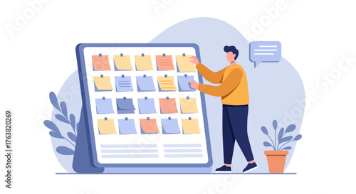 Organized task management with digital sticky notes and planner concept