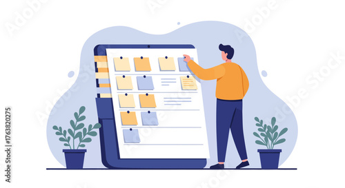 Man organizing tasks on digital board with notes and pins in flat style