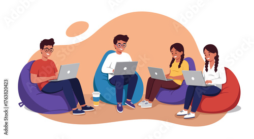 Youthful creativity: group collaboration in cozy bean bag workspace