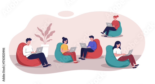 Remote work concept with people on beanbags using laptops in a minimalist workspace