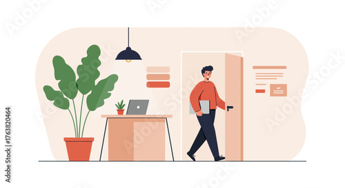 Office worker with laptop exiting modern home office space