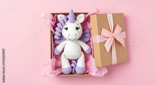 White Crochet Unicorn Toy in a Gift Box with Pink Ribbon handmade