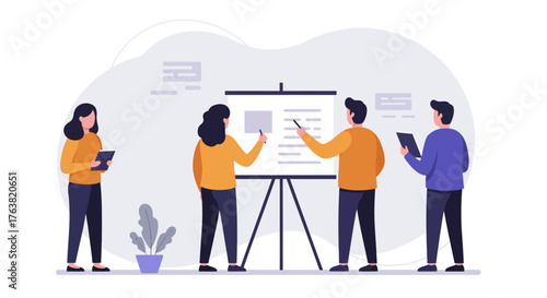 Team collaboration concept with diverse group analyzing data on presentation board in modern flat art style