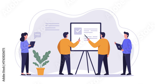 Collaborative team meeting with checklist on board in modern flat office space