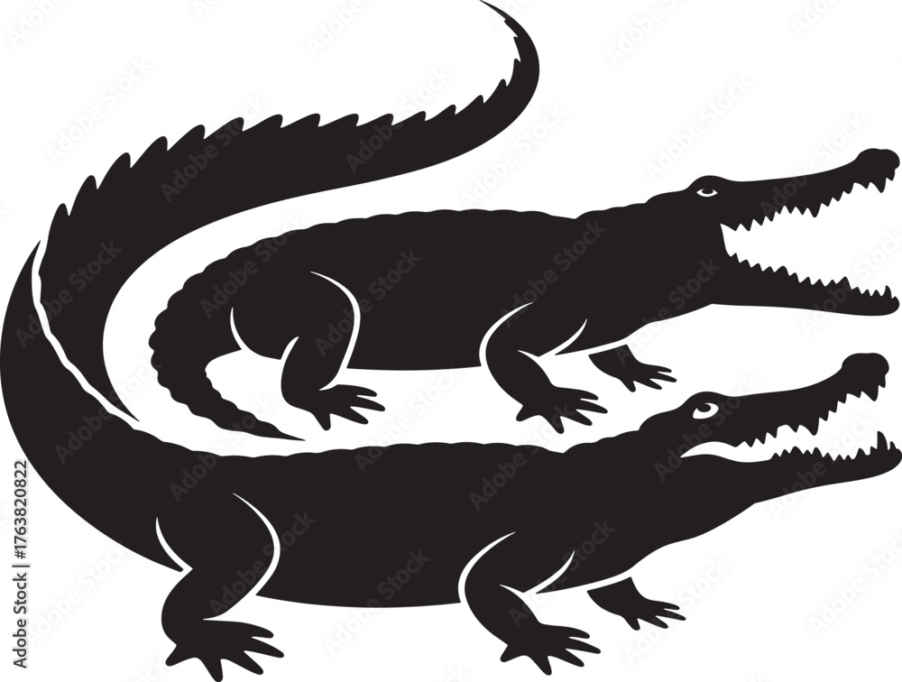 Obraz premium Two Alligator Silhouettes in Black and White Depicting Wild Animals and River Predators with Open Mouths and Sharp Teeth Artwork