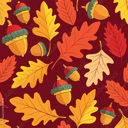 Autumn pattern with colorful leaves and acorns on a warm background